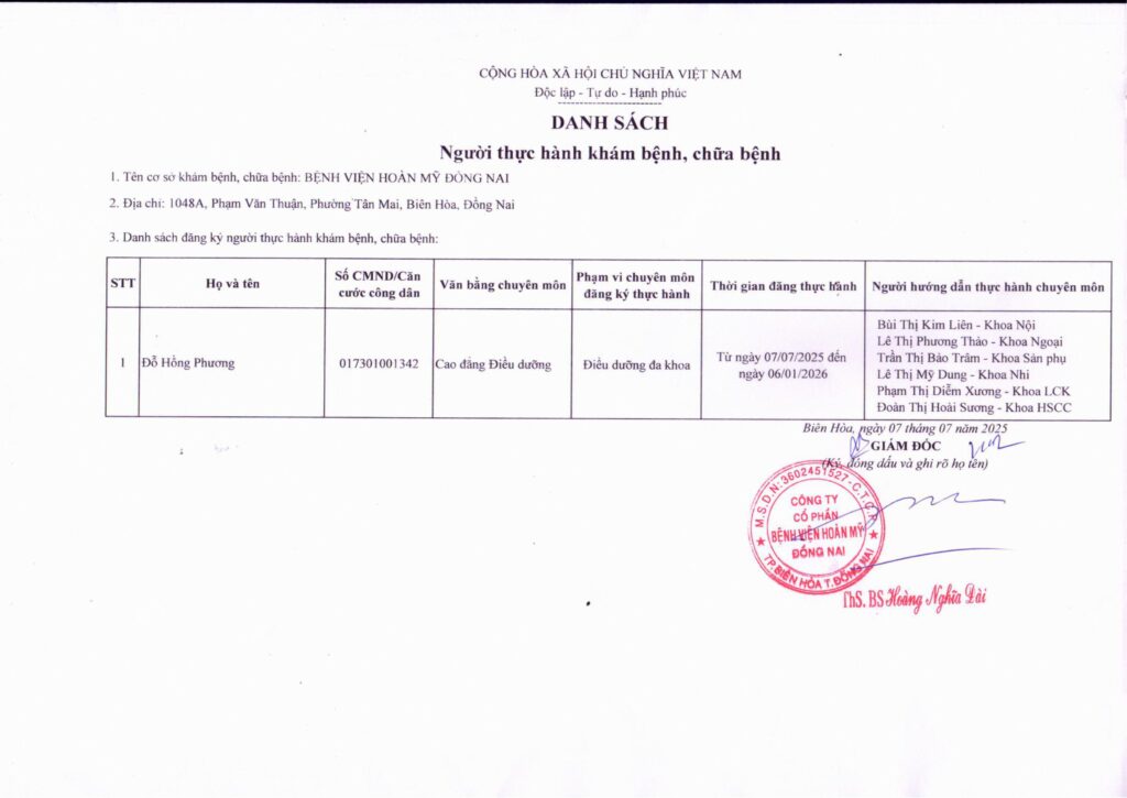 Danh sách người thực hành khám chữa bệnh tại Bệnh viện Hoàn Mỹ Đồng Nai ngày 07.07.2025