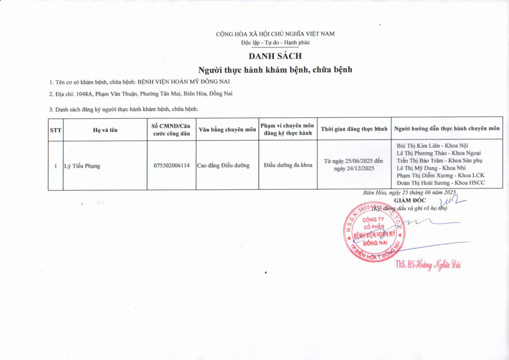Danh sách người thực hành khám chữa bệnh tại Bệnh viện Hoàn Mỹ Đồng Nai ngày 25.06.2025