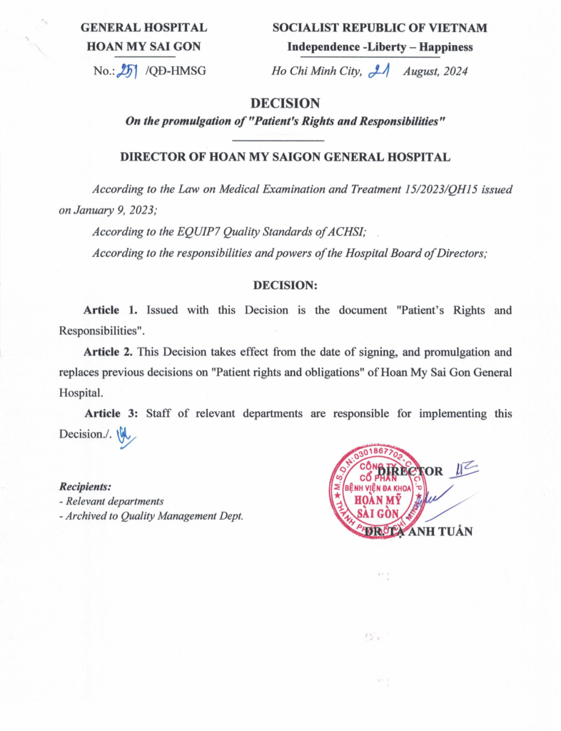 Decision on the Promulgation of Patient Rights and Responsibilities